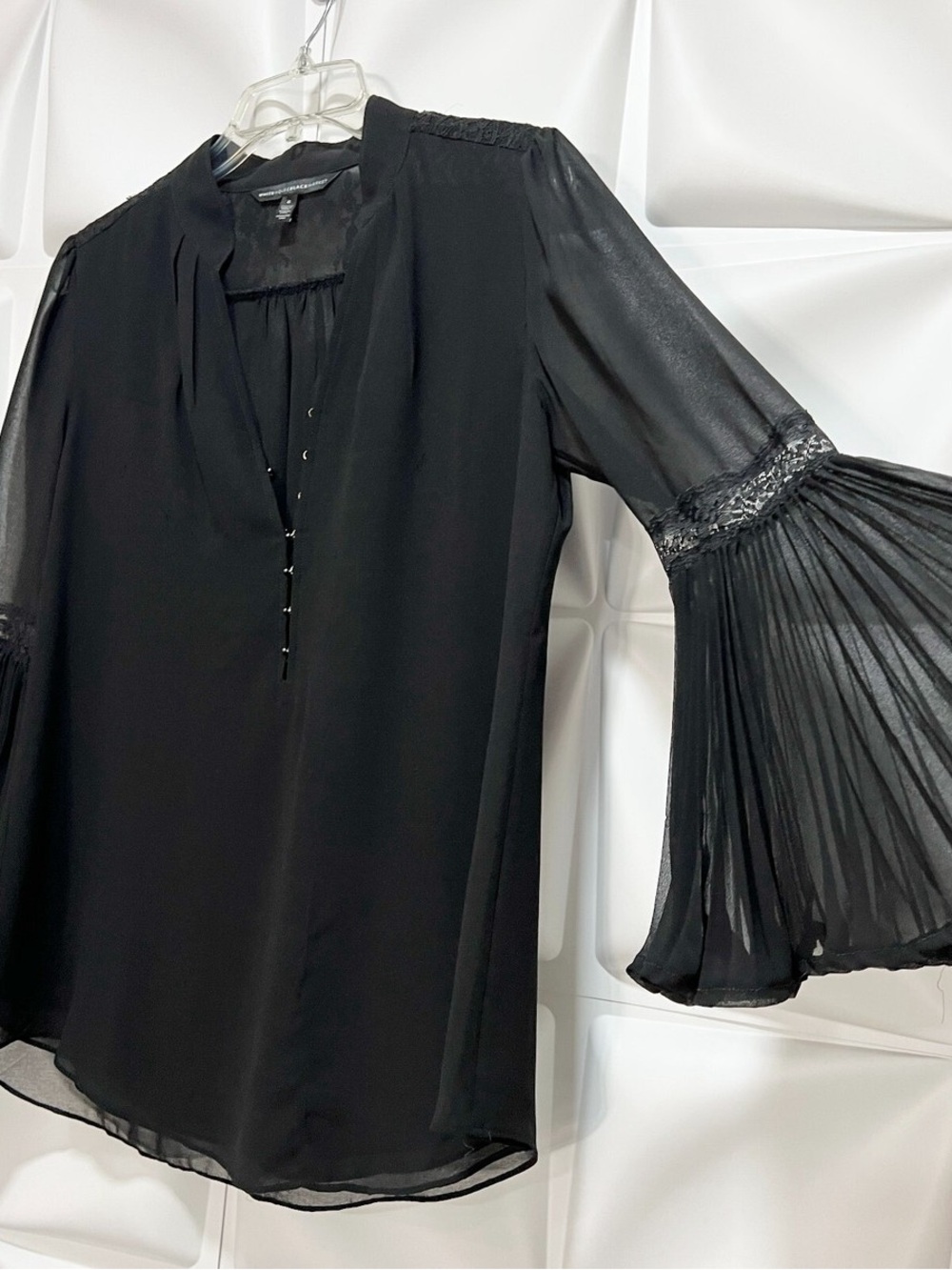 White House Black Market Black Pleated Bell-Sleeve Blouse